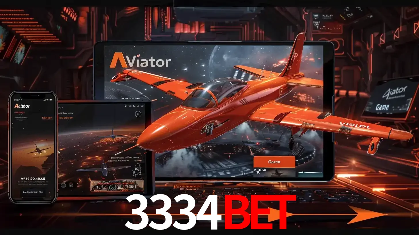 Apresentação tecnológica do jogo Aviator com um avião saindo da tela de um tablet, demonstrando a experiência imersiva em múltiplos dispositivos no 3334bet.