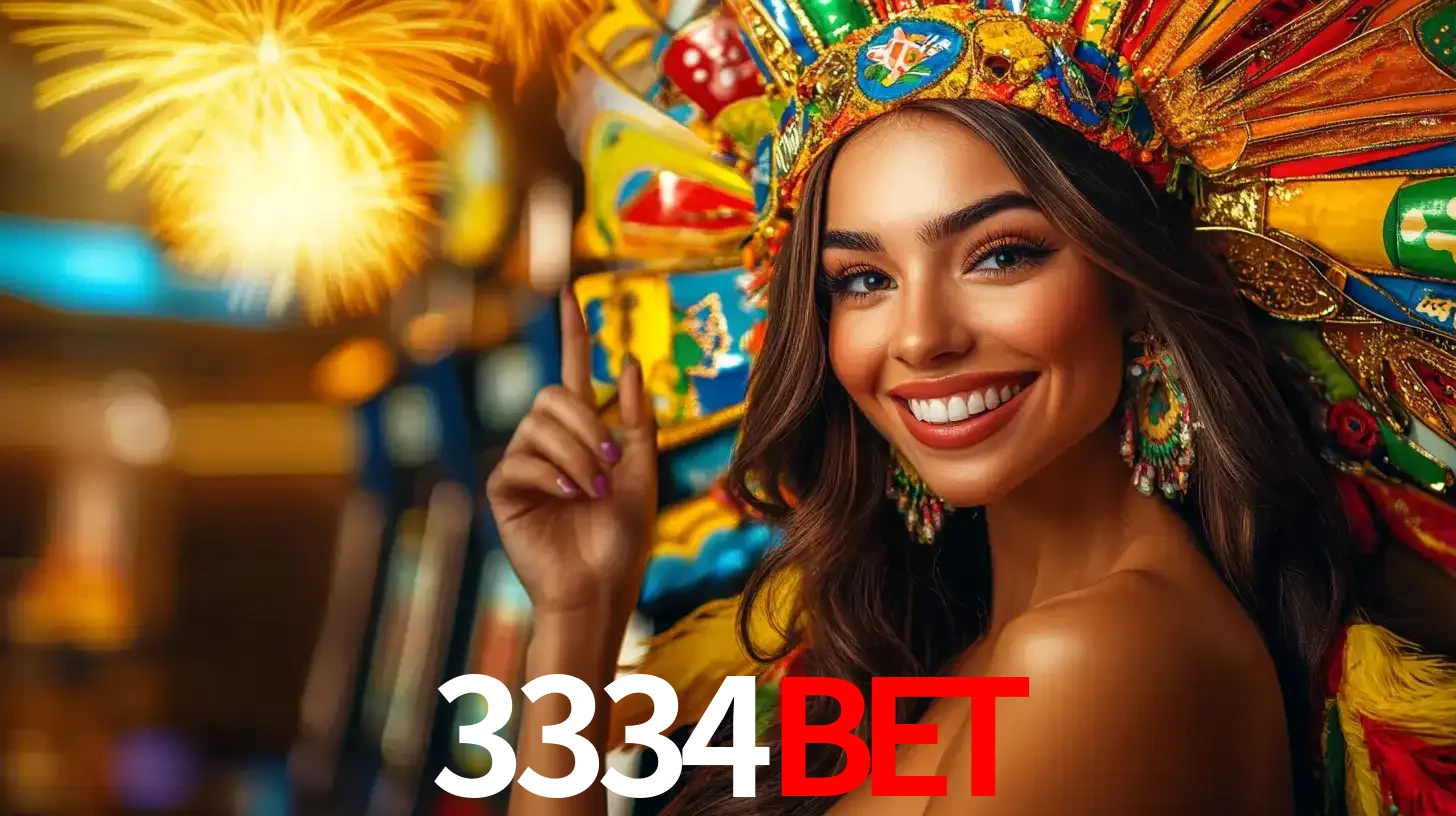Mulher sorridente com um cocar de carnaval vibrante e colorido, celebrando uma grande vitória nos jogos do cassino 3334bet com fogos de artifício ao fundo.