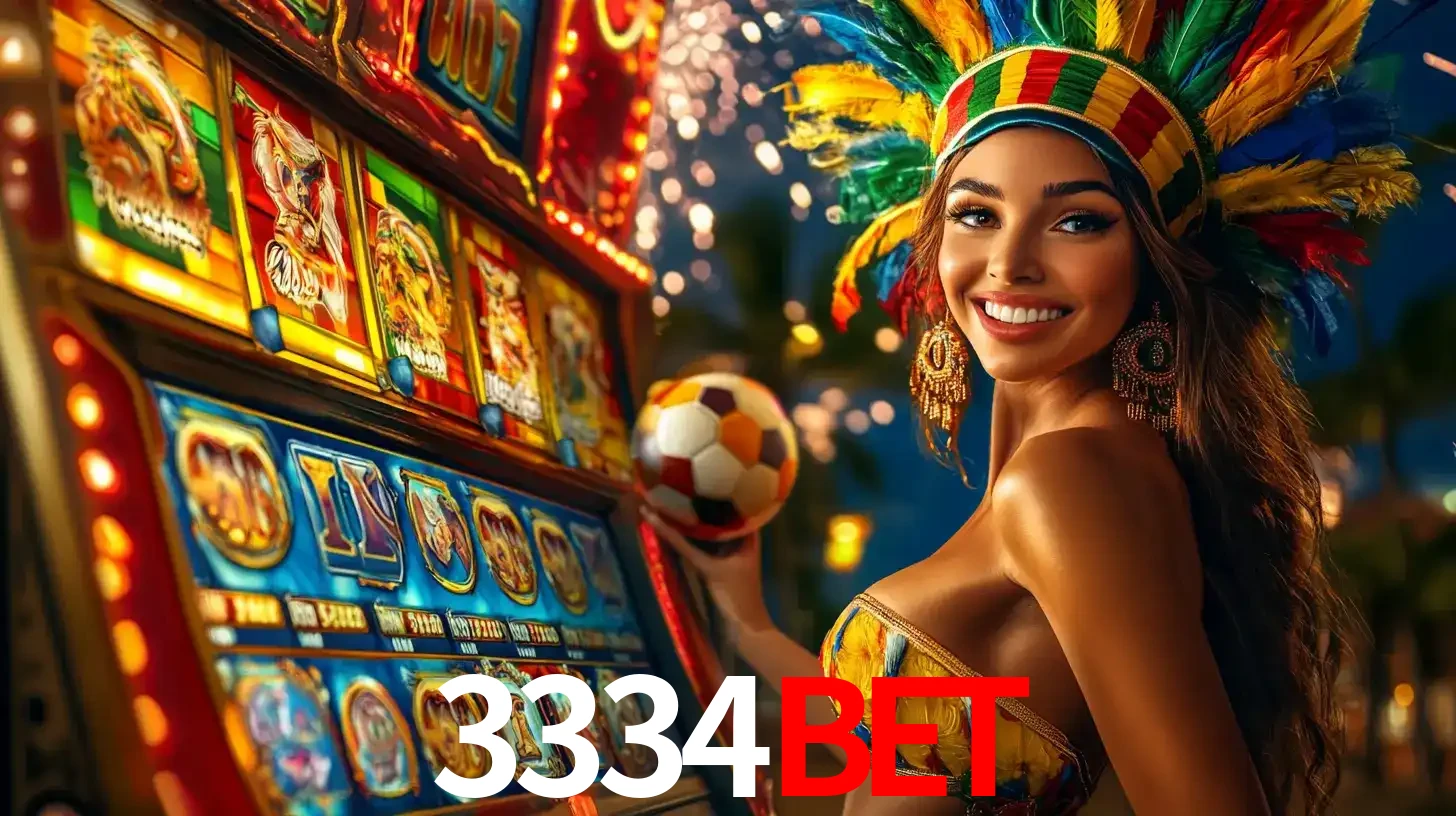 Mulher com um cocar de carnaval ao lado de uma máquina de caça-níqueis enquanto segura uma bola de futebol, mostrando a união da diversão de cassino e esportes no 3334bet.