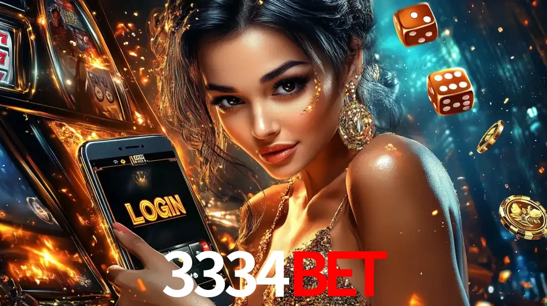 Mulher glamourosa segurando um celular com a tela de login do cassino 3334bet, rodeada por dados e moedas douradas, pronta para começar a diversão.