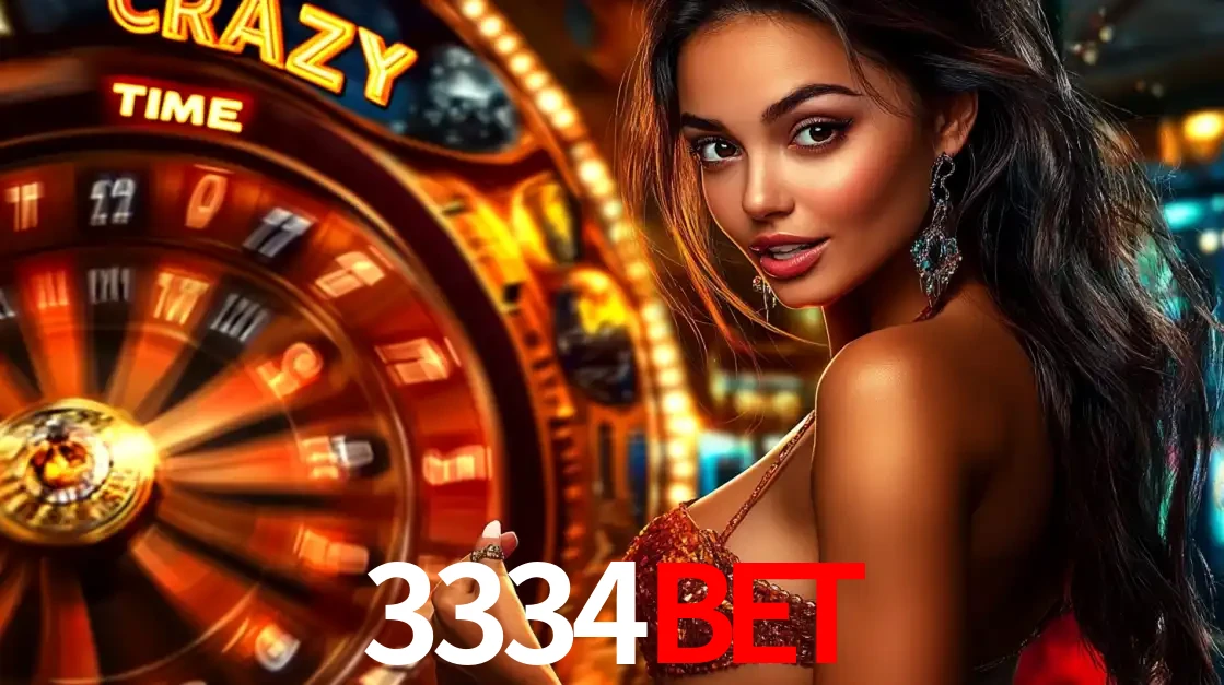 Mulher ao lado da roda de prêmios do jogo de cassino ao vivo Crazy Time, um dos shows de jogos mais emocionantes oferecidos pela plataforma de apostas 3334bet.