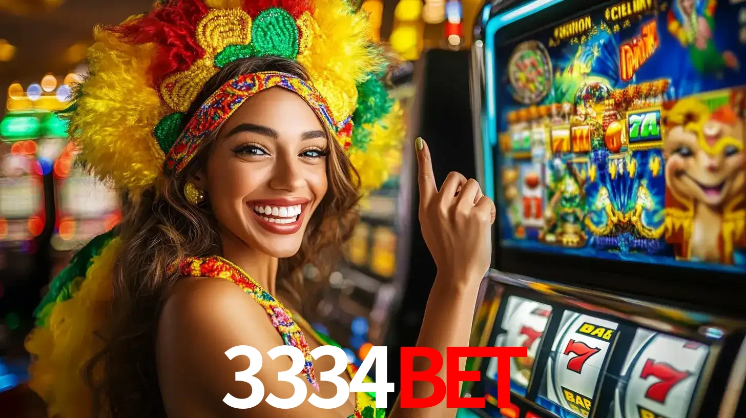 Mulher animada com um cocar de carnaval apontando para uma máquina de caça-níqueis, mostrando a emoção de ganhar um grande prêmio nos jogos do 3334bet.