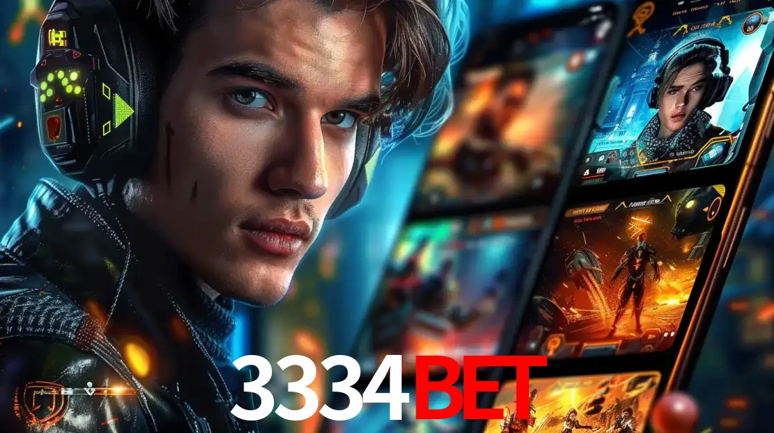 Jovem jogador com fones de ouvido olhando para a câmera, com um aplicativo de jogos e e-sports para celular ao fundo, pronto para a competição e apostas no 3334bet.