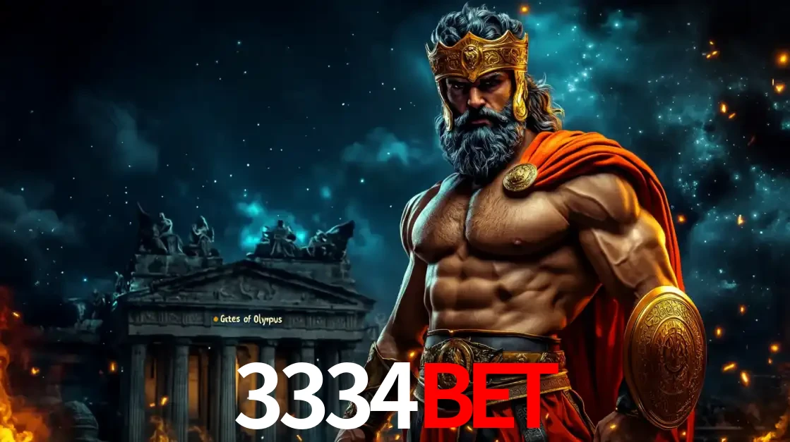 O poderoso Zeus do jogo de slot Gates of Olympus em frente ao seu templo, pronto para lançar multiplicadores divinos e prêmios épicos no cassino online 3334bet.