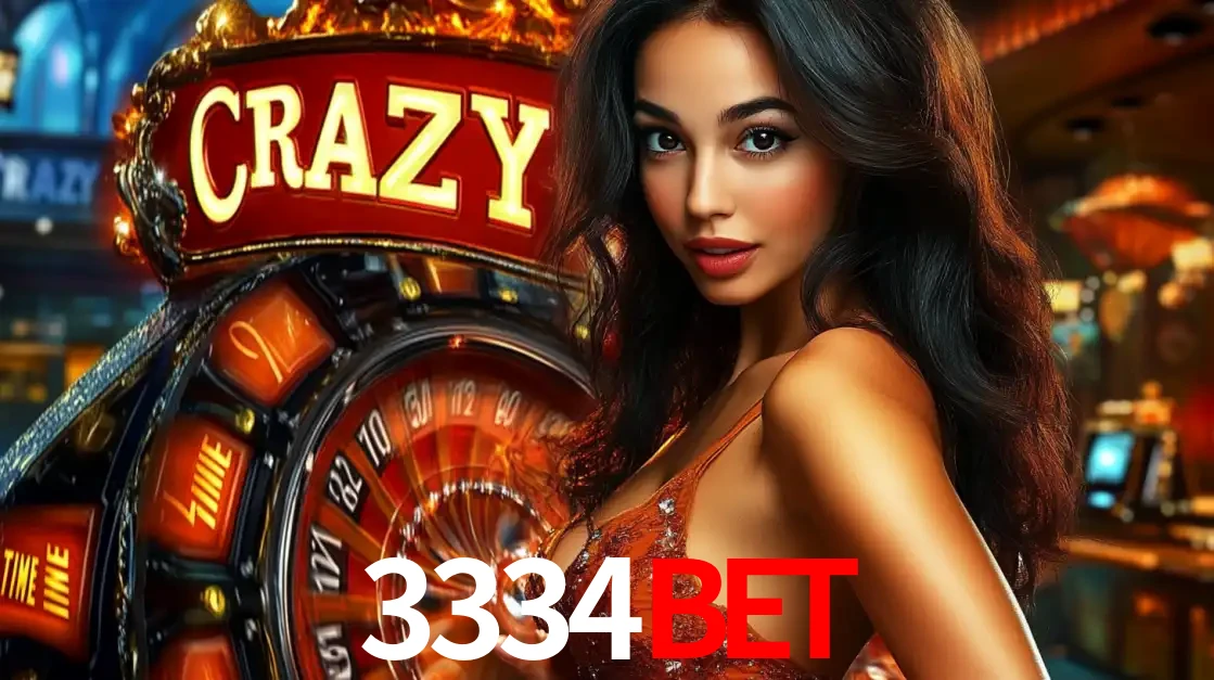 Mulher glamourosa olhando para a câmera com a roda vermelha do Crazy Time ao fundo em um ambiente de cassino, destacando a emoção dos jogos ao vivo no 3334bet.
