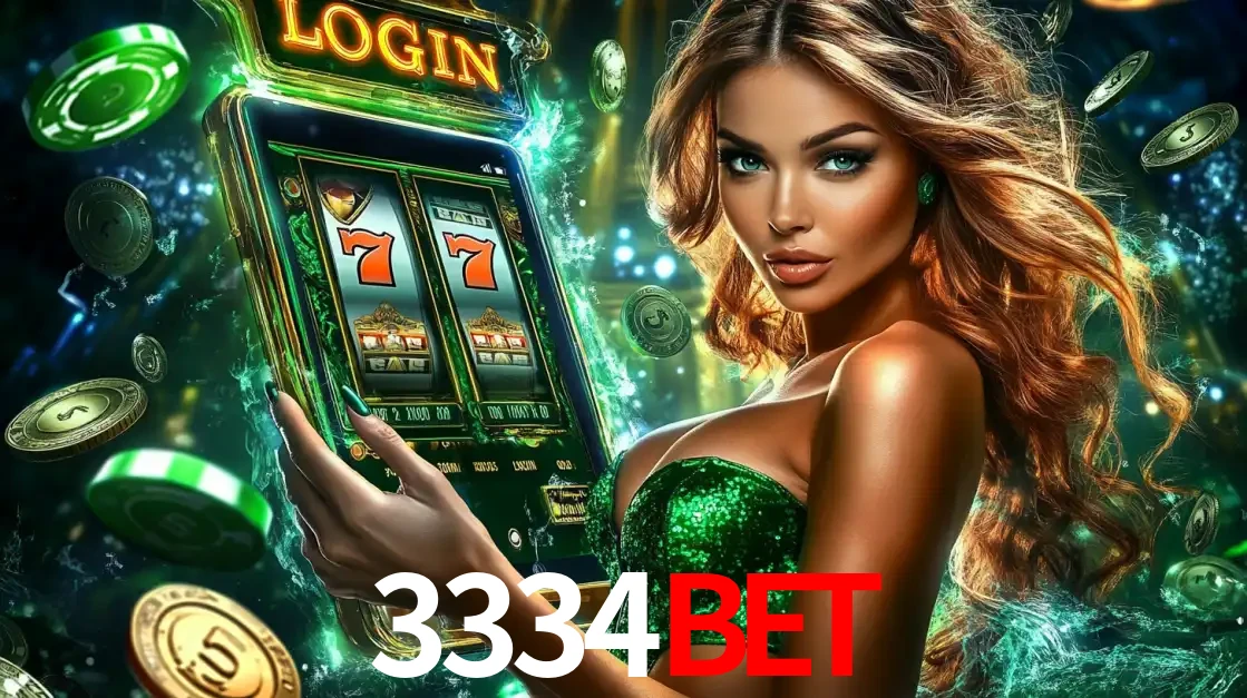 Mulher com tema verde apresentando o aplicativo do cassino 3334bet com um jogo de slot de 777, cercada por fichas de cassino e uma aura de sorte.