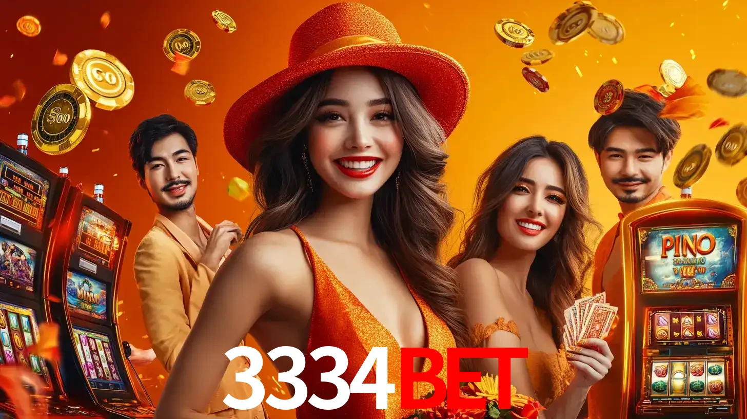 Grupo de amigos asiáticos sorrindo e se divertindo com máquinas de caça-níqueis em um ambiente festivo, celebrando suas vitórias nos jogos de cassino do 3334bet.