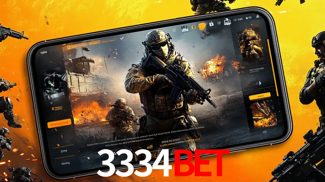 Um smartphone exibindo a interface de um jogo de tiro em primeira pessoa, com um soldado em um cenário de batalha, representando a ação dos e-sports para apostar no 3334bet.