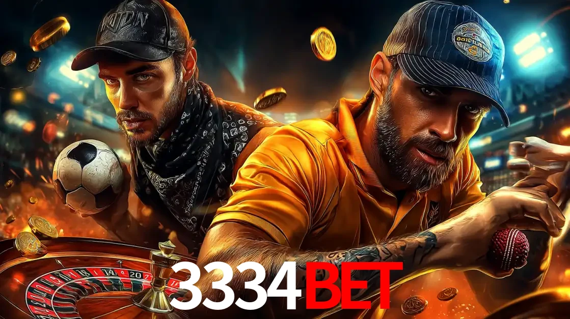 Montagem de apostas esportivas e cassino no 3334bet, com um homem segurando uma bola de futebol e outro uma de beisebol sobre uma roleta e moedas voadoras.