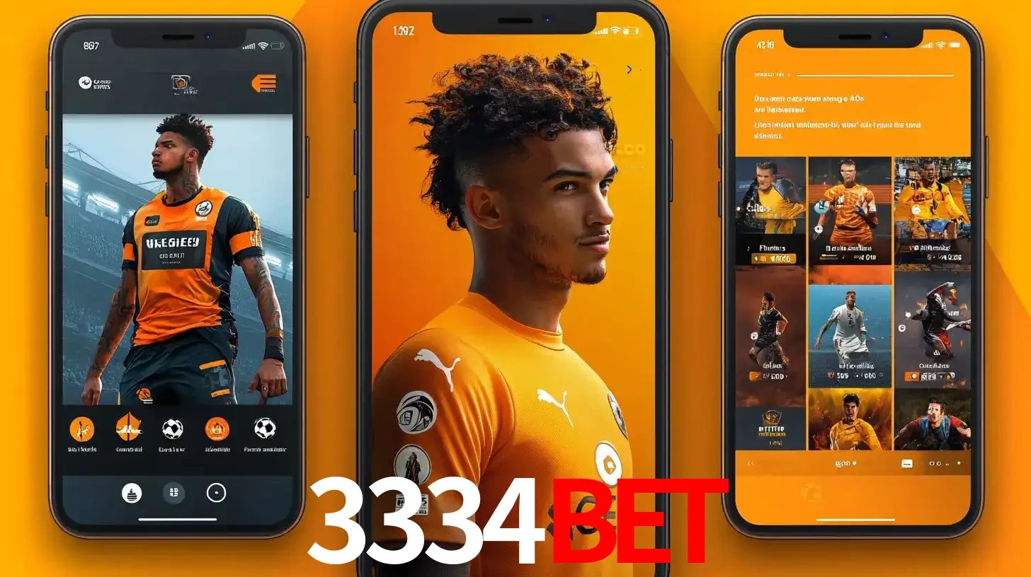 Interface do aplicativo de apostas esportivas 3334bet em três telas de celular, mostrando o perfil de um jogador de futebol e a lista de jogos disponíveis para apostar.