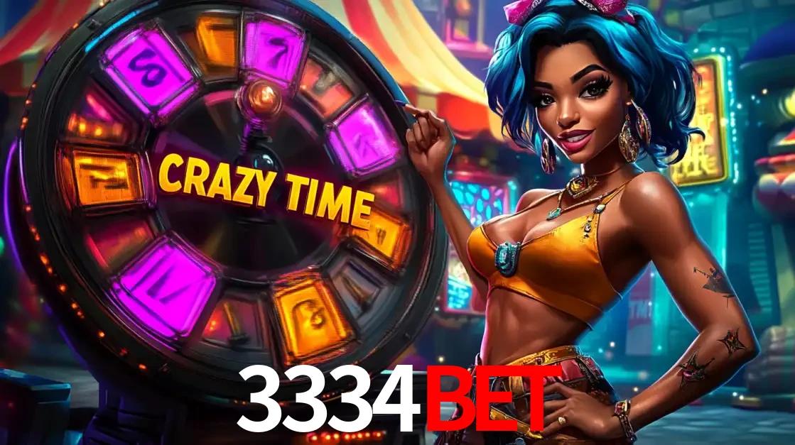 Mulher estilizada com cabelo azul e visual vibrante posando ao lado da roda de prêmios do game show Crazy Time, convidando para a diversão e os bônus do cassino 3334bet.