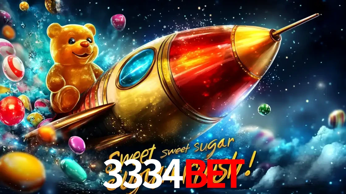 Arte promocional do jogo de slot Sugar Rush, com um urso de pelúcia em um foguete viajando pelo espaço de doces, um dos jogos divertidos disponíveis no cassino 3334bet.