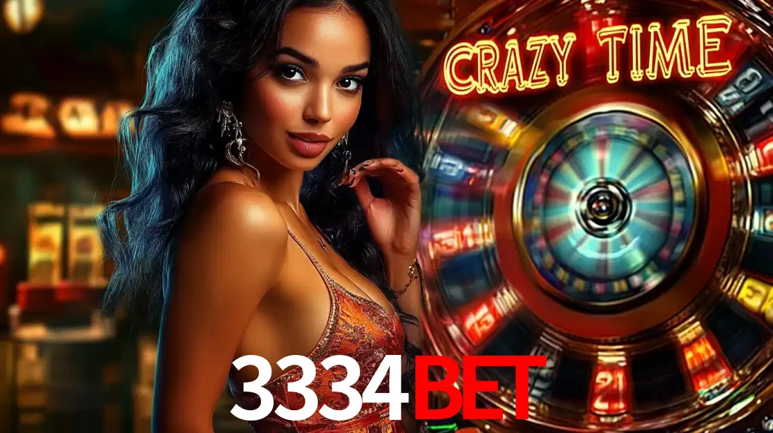 Mulher elegante ao lado da vibrante roda da fortuna do jogo de cassino ao vivo Crazy Time, um dos game shows mais populares e cheios de prêmios do 3334bet.