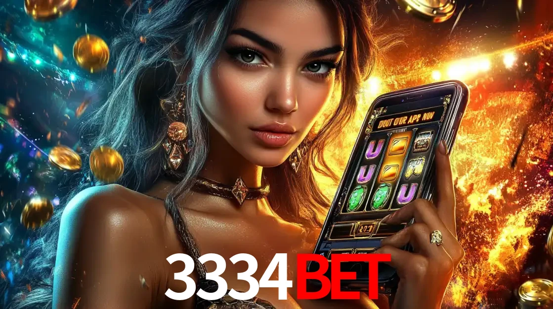 Mulher elegante mostrando um jogo de caça-níqueis em seu smartphone, destacando a experiência de cassino móvel oferecida pelo aplicativo 3334bet.