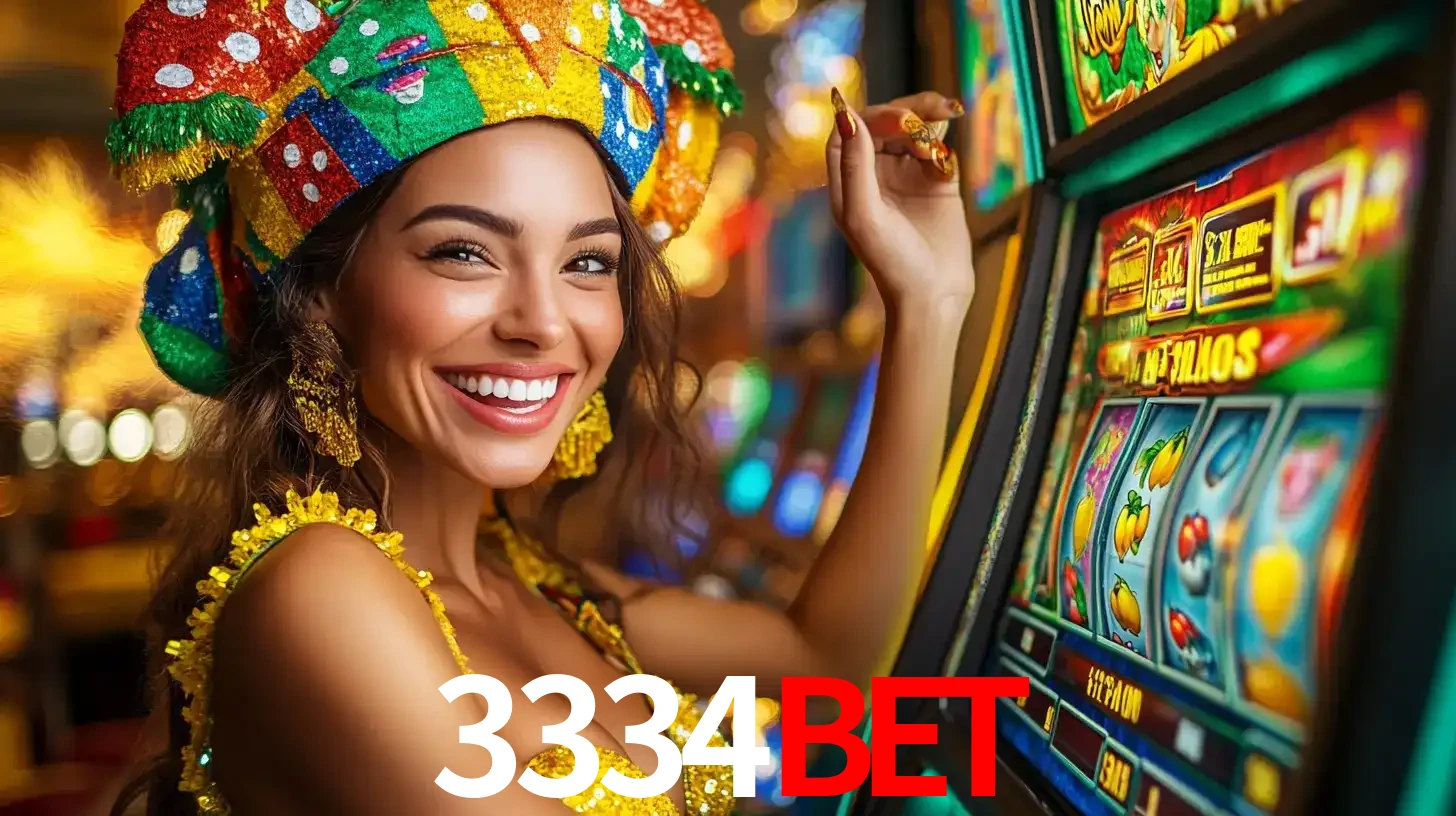 Mulher feliz com traje de carnaval amarelo e colorido ao lado de uma máquina de caça-níqueis, aproveitando a diversão e os jogos temáticos do cassino 3334bet.