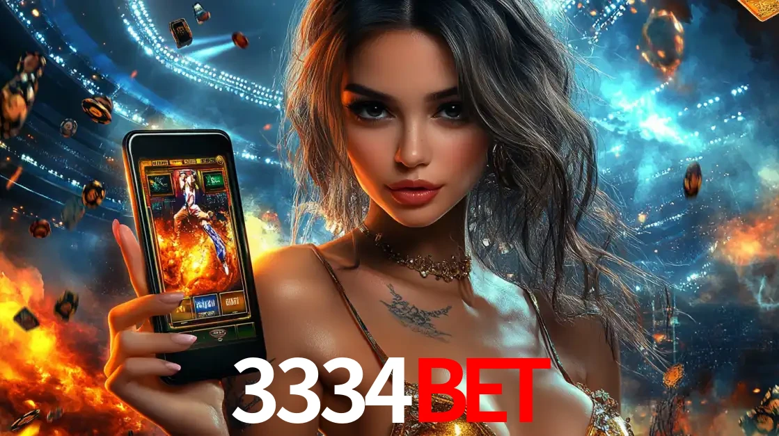 Mulher segurando um celular com um jogo de slot em destaque, tendo como fundo um estádio vibrante, simbolizando a emoção de jogar no cassino móvel 3334bet.