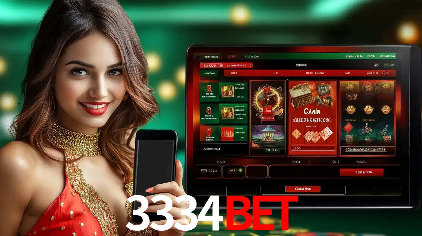 Mulher sorridente segurando um smartphone, ao lado de uma tela exibindo o lobby de jogos do cassino online 3334bet, com várias opções de jogos de cartas e slots.